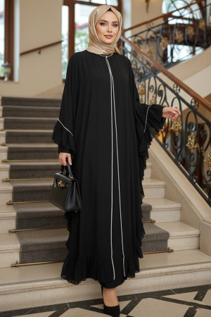 Tesettürlü Abiye Elbise - Fırfır Detaylı Siyah Tesettür Abiye Elbise 4866S 