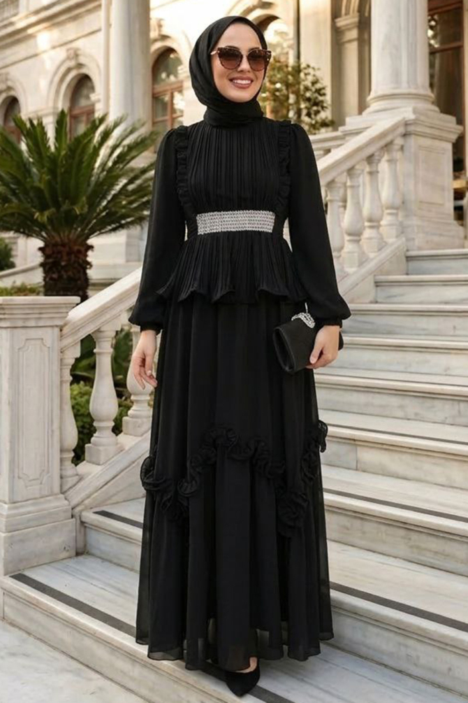 Tesettürlü Abiye Elbise - Fırfır Detaylı Siyah Tesettür Abiye Elbise 4881S - 1