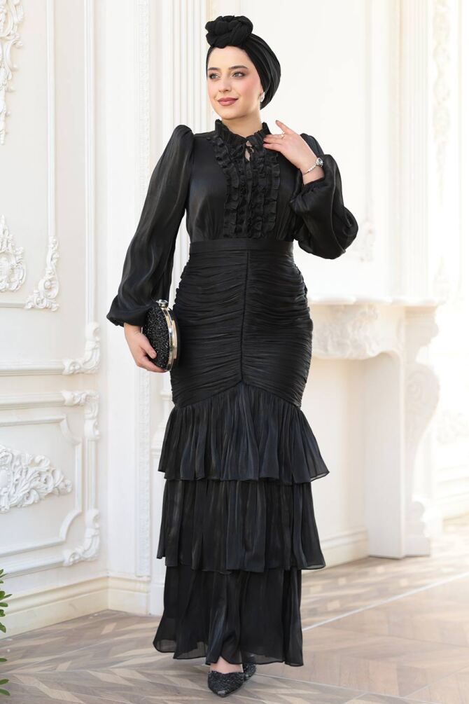 Tesettürlü Abiye Elbise - Fırfır Detaylı Siyah Tesettür Abiye Elbise 50271S - TESETTÜRLÜ ABİYE ELBİSELER