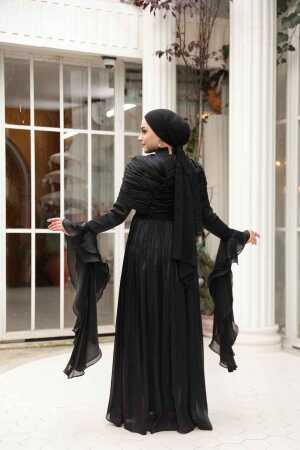 Tesettürlü Abiye Elbise - Fırfır Detaylı Siyah Tesettür Abiye Elbise 53981S - 5