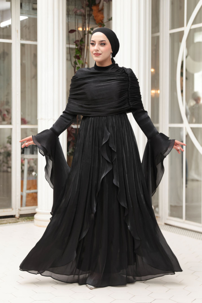 Tesettürlü Abiye Elbise - Fırfır Detaylı Siyah Tesettür Abiye Elbise 53981S - N.S NEVA STYLE