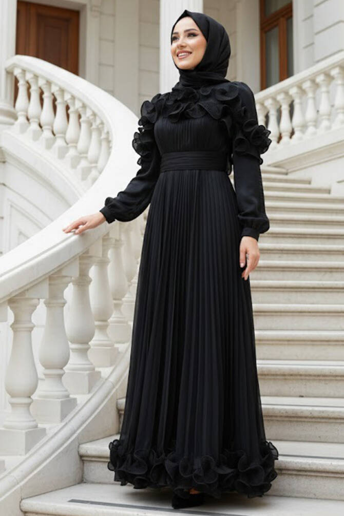 Tesettürlü Abiye Elbise - Fırfır Detaylı Siyah Tesettür Abiye Elbise 55691S - 1
