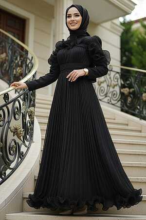 Tesettürlü Abiye Elbise - Fırfır Detaylı Siyah Tesettür Abiye Elbise 55691S 