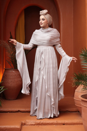 Tesettürlü Abiye Elbise - Fırfır Detaylı Taş Tesettür Abiye Elbise 53981TAS - 2