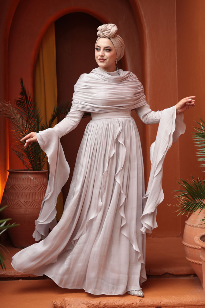 Tesettürlü Abiye Elbise - Fırfır Detaylı Taş Tesettür Abiye Elbise 53981TAS - 3