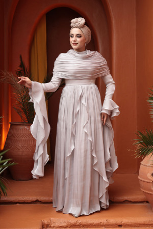 Tesettürlü Abiye Elbise - Fırfır Detaylı Taş Tesettür Abiye Elbise 53981TAS - 4