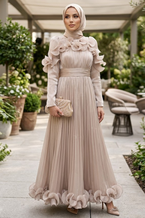 Tesettürlü Abiye Elbise - Fırfır Detaylı Taş Tesettür Abiye Elbise 55691TAS 