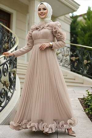 Tesettürlü Abiye Elbise - Fırfır Detaylı Taş Tesettür Abiye Elbise 55691TAS 