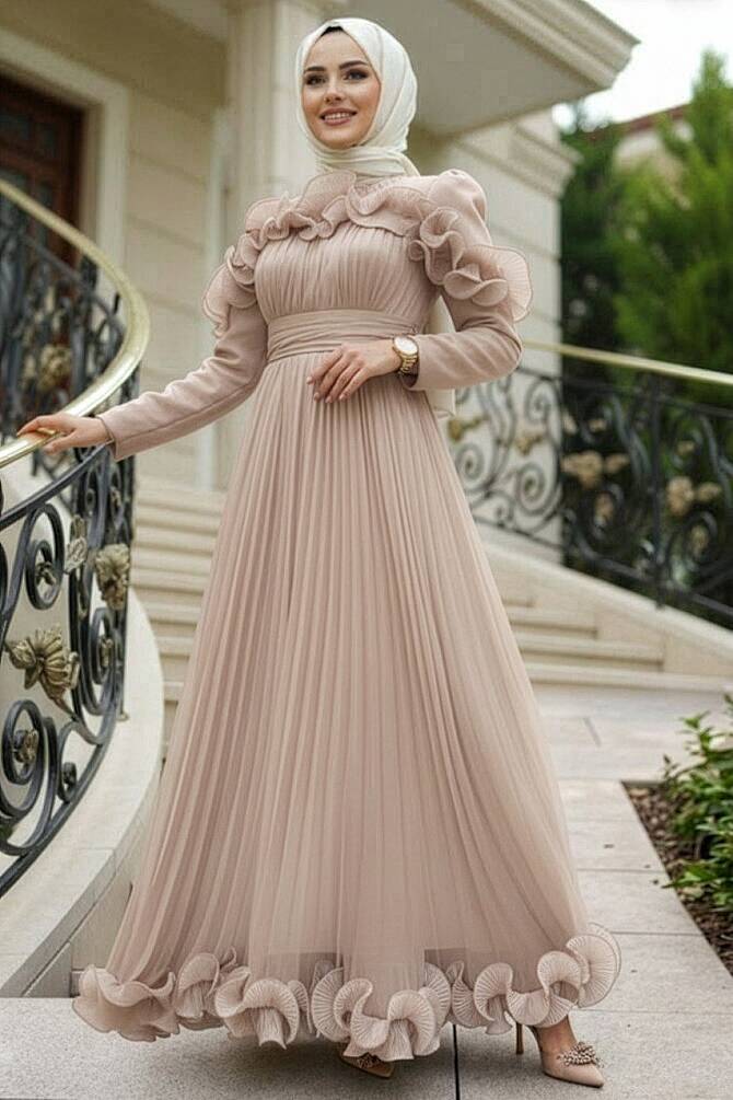 Tesettürlü Abiye Elbise - Fırfır Detaylı Taş Tesettür Abiye Elbise 55691TAS - 1