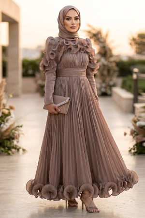 Tesettürlü Abiye Elbise - Fırfır Detaylı Vizon Tesettür Abiye Elbise 55691V 