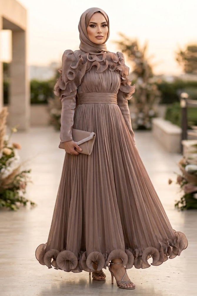 Tesettürlü Abiye Elbise - Fırfır Detaylı Vizon Tesettür Abiye Elbise 55691V - 1