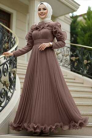 Tesettürlü Abiye Elbise - Fırfır Detaylı Vizon Tesettür Abiye Elbise 55691V 