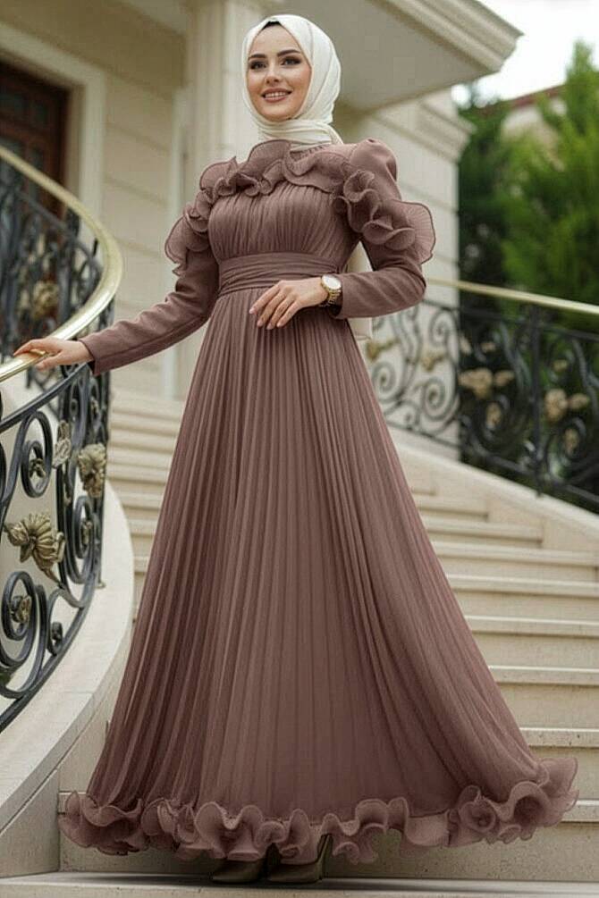 Tesettürlü Abiye Elbise - Fırfır Detaylı Vizon Tesettür Abiye Elbise 55691V - 1