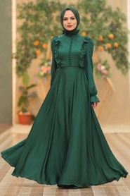 Tesettürlü Abiye Elbise - Fırfır Detaylı Yeşil Tesettür Abiye Elbise 2752Y - Thumbnail