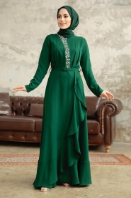 Tesettürlü Abiye Elbise - Fırfır Detaylı Zümrüt Yeşili Tesettür Abiye Elbise 37320ZY - Thumbnail