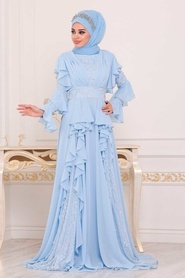 Tesettürlü Abiye Elbise - Fırfırlı Bebek Mavisi Tesettür Abiye Elbise 47001BM - Thumbnail