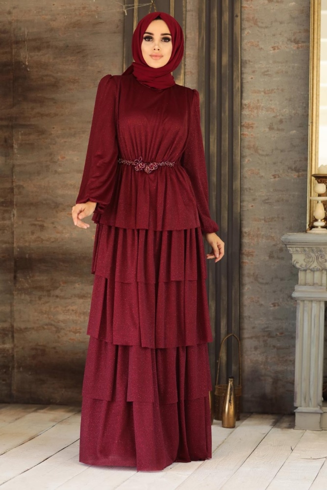 Tesettürlü Abiye Elbise - Fırfırlı Bordo Tesettür Abiye Elbise 40620BR - 2