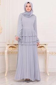 Tesettürlü Abiye Elbise - Fırfırlı Gri Tesettür Abiye Elbise 22550GR - Thumbnail