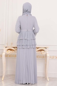 Tesettürlü Abiye Elbise - Fırfırlı Gri Tesettür Abiye Elbise 22550GR - Thumbnail