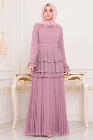 Tesettürlü Abiye Elbise - Fırfırlı Gül Kurusu Tesettür Abiye Elbise 22550GK - Thumbnail