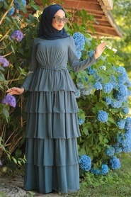 Tesettürlü Abiye Elbise - Fırfırlı İndigo Mavisi Tesettür Abiye Elbise 3944IM - Thumbnail