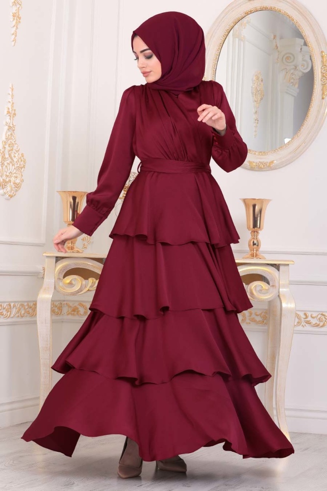 Tesettürlü Abiye Elbise - Fırfırlı Krep Saten Bordo Tesettür Abiye Elbise 22701BR - 1