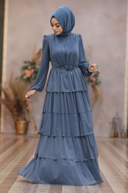 Tesettürlü Abiye Elbise - Fırfırlı Mavi Tesettür Abiye Elbise 40620M - Thumbnail