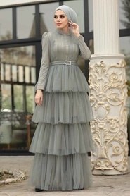 Tesettürlü Abiye Elbise - Fırfırlı Mint Tesettür Abiye Elbise 39950MINT - Thumbnail