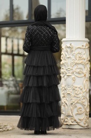 Tesettürlü Abiye Elbise - Fırfırlı Siyah Tesettür Abiye Elbise 8667S - Thumbnail