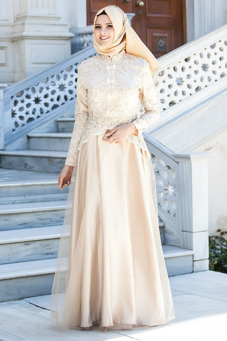Tesettürlü Abiye Elbise - Fiyonk Detaylı Gold Abiye Elbise