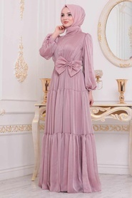 Tesettürlü Abiye Elbise - Fiyonk Detaylı Pudra Tesettür Abiye Elbise 40690PD - Thumbnail