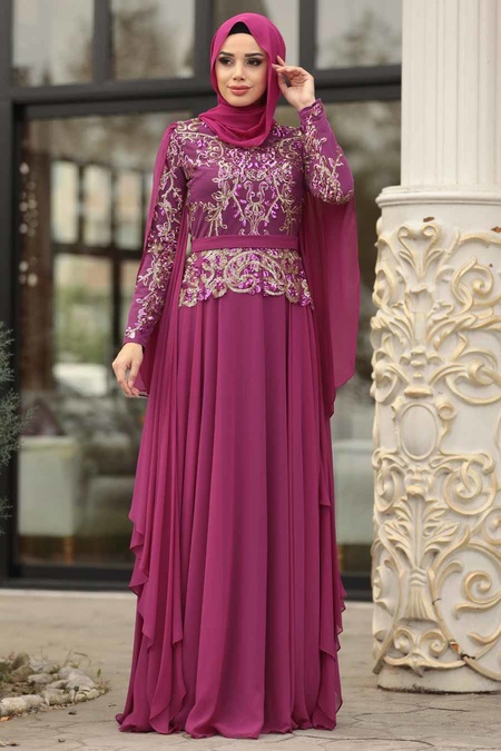 Tesettürlü Abiye Elbise - Fuchsia Hijab Dress 7633F