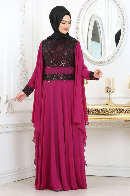 Tesettürlü Abiye Elbise - Fuchsia Hijab Evening Dress 7528F