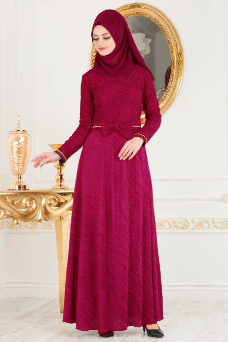 Tesettürlü Abiye Elbise - Fuchsia Robe de soirée Hijab 40370F