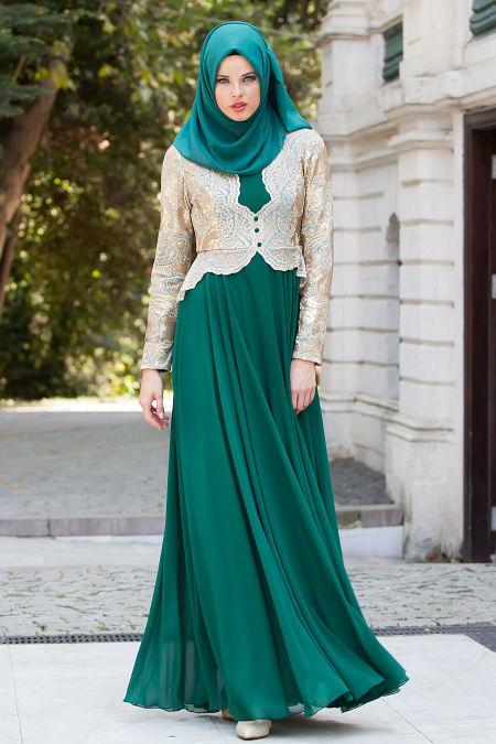 Tesettürlü Abiye Elbise - Gold Dantelli Yeşil Abiye Elbise