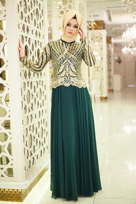 Tesettürlü Abiye Elbise - Green Hijab Dress 2185Y