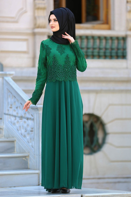 Tesettürlü Abiye Elbise - Green Hijab Evening Dress 7783Y