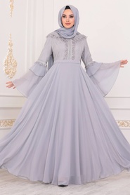 Tesettürlü Abiye Elbise - Grey Hijab Evening Dress 2248GR - Thumbnail