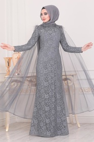Tesettürlü Abiye Elbise - Grey Hijab Evening Dress 40181GR - Thumbnail