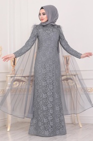 Tesettürlü Abiye Elbise - Grey Hijab Evening Dress 40181GR - Thumbnail