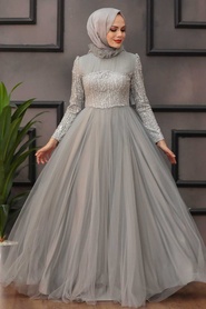 Tesettürlü Abiye Elbise - Grey Hijab Evening Dress 4074GR - Thumbnail