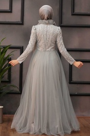 Tesettürlü Abiye Elbise - Grey Hijab Evening Dress 4074GR - Thumbnail