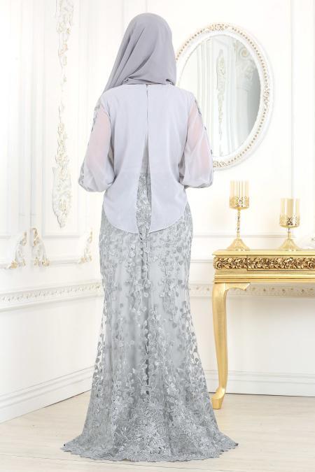 Tesettürlü Abiye Elbise - Gri Tesettür Abiye Elbise 4544GR - 3