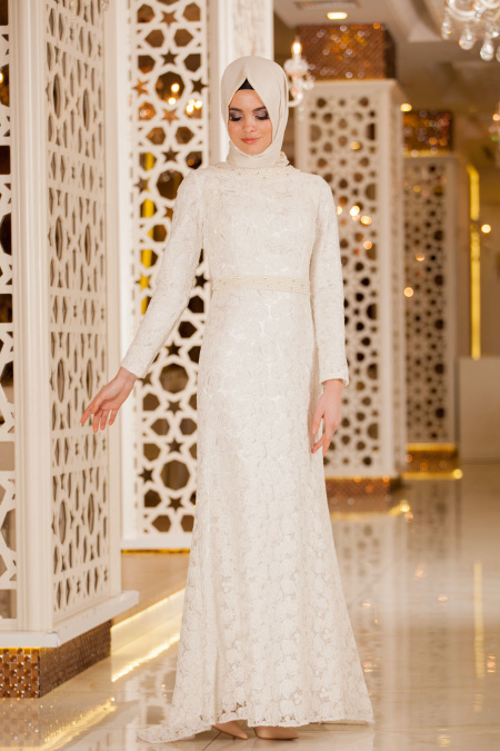 Tesettürlü Abiye Elbise - Boncuk Detaylı Beyaz Dantel Tesettür Abiye Elbise 2166B