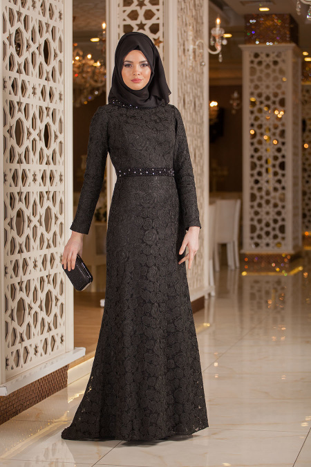Tesettürlü Abiye Elbise - Boncuk Detaylı Siyah Dantel Tesettür Abiye Elbise 2166S