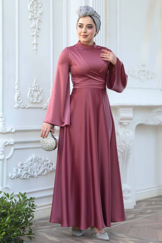 Tesettürlü Abiye Elbise - Gül Kurusu Saten Tesettür Abiye Elbise 6157GK - 2
