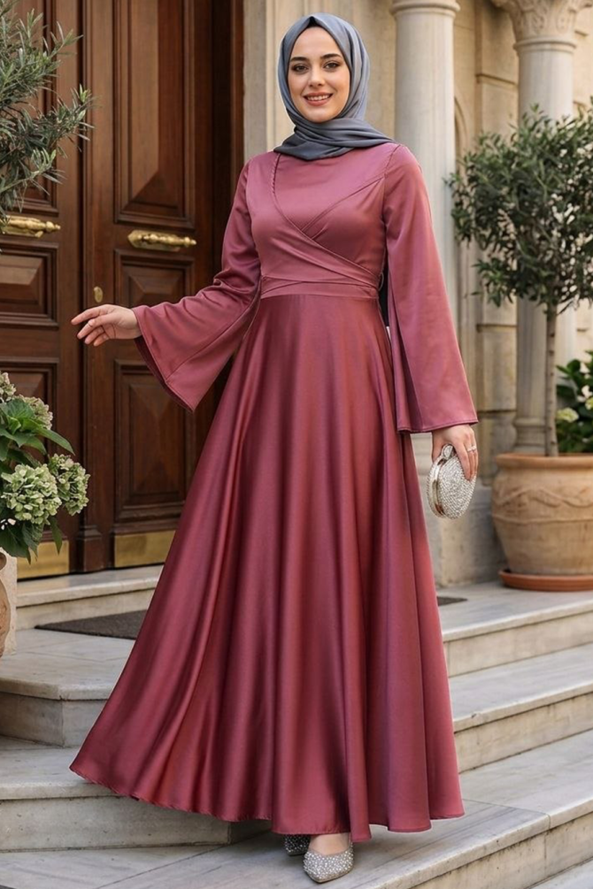 Tesettürlü Abiye Elbise - Gül Kurusu Saten Tesettür Abiye Elbise 6157GK - 1