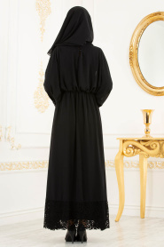 Tesettürlü Abiye Elbise - Güpürlü Kolyeli Siyah Tesettürlü Abiye Elbise 37581S - Thumbnail