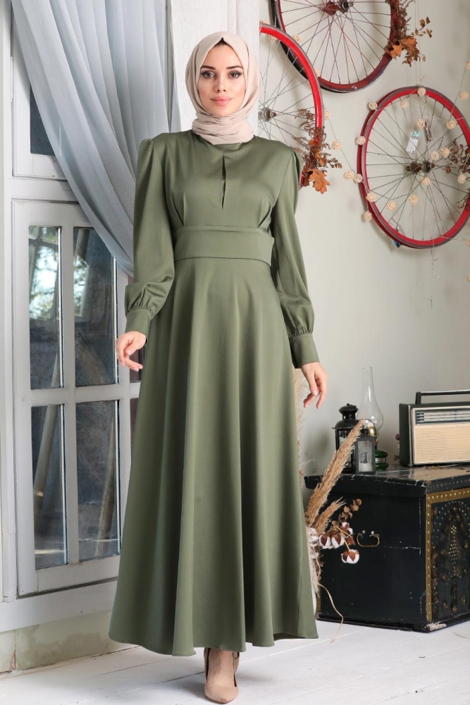 Tesettürlü Abiye Elbise - Haki Tesettür Abiye Elbise 7627HK - 1