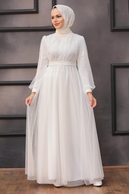 Tesettürlü Abiye Elbise - İnci Detaylı Beyaz Tesettür Abiye Elbise 5514B - Thumbnail